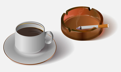 Coffee in a cup and saucer and a burning cigarette in an ashtray. Vector image.