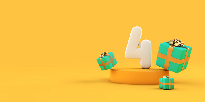 Happy 4th birthday number and gifts on a yellow podium. 3D Render