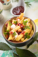Canadian poutine potato fries with cheese and gravy