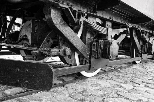 Wheel of steam train. Wheels trains. The wheels of the locomotive. Vitebsk