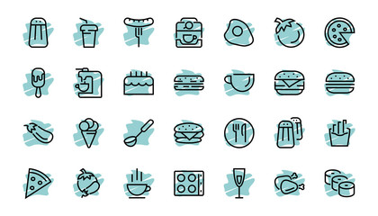 A simple set of fast food icons related to the vector line. Contains icons such as pizza, burger, sushi, bike, scrambled eggs and more. EDITABLE stroke. 480x480 pixels perfect, EPS 10