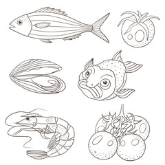 Vector graphic illustration with sea food and tomatoes on a white background