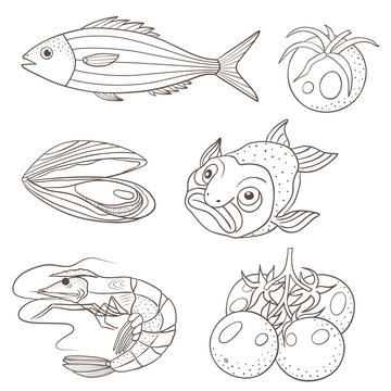 Vector graphic illustration with sea food and tomatoes on a white background
