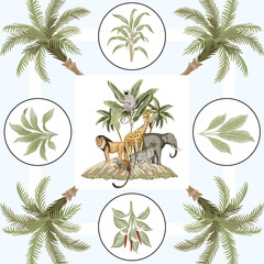 Vintage palm tree floral, plant, lion, african elephant, monkey, sloth animal, island pattern blue background. Exotic tropical scarf.