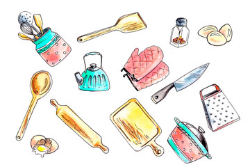Fototapeta na wymiar Kitchen tools. Set of illustrations. Knife, rolling pin, cutting board, pan, whisk, teapot, mittens and products
