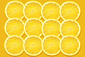 Juicy sliced fresh orange fruit laid on the orange background