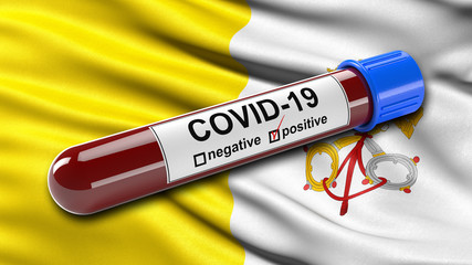 Flag of Vatican City waving in the wind with a positive Covid-19 blood test tube. 3D illustration concept for blood testing for diagnosis of the new Corona virus.