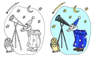 Old astronomer in mantle and cap with his owl looking through a telescope at the starry sky. Stars and the Moon in the sky. Page of coloring book. Vector illustration.