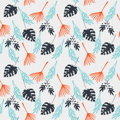 Funky Tropical Vector Seamless Pattern. Beautiful Male Shirt Female Dress Texture. Feather Banana Leaves 
