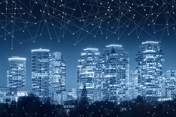 Internet of things. Smart grid. Conceptual abstraction. 5G technology. Modern city and communication network, Smart City. Blue tone city scape and network connection concept.