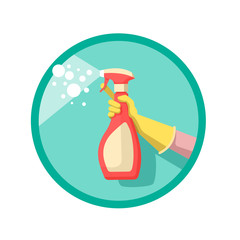 A hand in a yellow rubber glove sprays a disinfectant or detergent from a spray bottle. Vector illustration isolated on a white background.