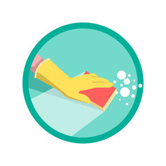 A hand in a yellow rubber glove wipes the surface with a sponge. Vector illustration isolated on a white background.