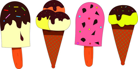 ice cream with colorful decoration in a waffle cone and on a stick