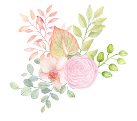 Watercolor gentle flower arrangement. Pink flowers, anthurium, orchid, ranunculus, eucaliptus, green branches. Botanical composition for wedding, invitations, cards, prints. Boho style design.