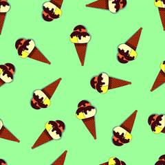 colorful ice cream in a waffle cone. on a green background. pattern
