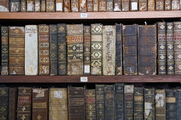 bookshelf in library with antique medieval books