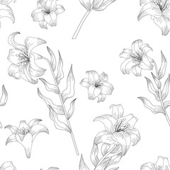 Seamless pattern with beautiful garden flowers - lilies. Coloring page with botanic objects for wrapping paper, cover of coloring book or textile design. Vector illustration