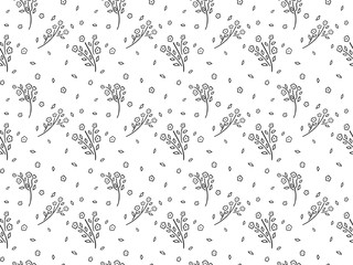 Nahtloses Muster von handgezeichneten abstrakten Blumen der schwarzen Kontur, einzelnen Knospen und Blättern auf einem weißen Hintergrund. Botanische Textur im skandinavischen Stil. Für Stoffe, Kleidung, Tapeten. Vektor.