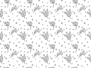Vitrage gordijnen Scandinavische stijl Naadloze patroon van zwarte contour handgetekende abstracte bloemen, individuele knoppen en bladeren op een witte achtergrond. Botanische textuur in de Scandinavische stijl. Voor stof, kleding, behang. Vector.