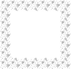 A square frame of black contour hand-drawn abstract flowers, individual buds and leaves on a white background. Isolated blank form for text in the Scandinavian style. Postcard, label, banner. Vector.