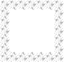 A square frame of black contour hand-drawn abstract flowers, individual buds and leaves on a white background. Isolated blank form for text in the Scandinavian style. Postcard, label, banner. Vector.