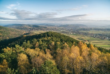 Iwkowa village country in Brzesko Poland. Polish mountains and hills aerial drone photo