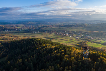 Fototapeta premium Iwkowa village country in Brzesko Poland. Polish mountains and hills aerial drone photo