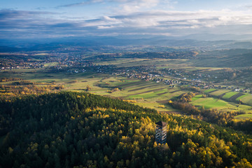 Iwkowa village country in Brzesko Poland. Polish mountains and hills aerial drone photo