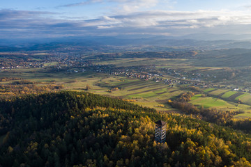 Fototapeta premium Iwkowa village country in Brzesko Poland. Polish mountains and hills aerial drone photo