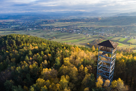 Iwkowa village country in Brzesko Poland. Polish mountains and hills aerial drone photo