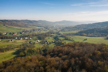 Iwkowa village country in Brzesko Poland. Polish mountains and hills aerial drone photo