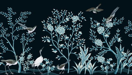 Vintage garden tree, birds, crane floral seamless border black background. Exotic chinoiserie wallpaper.