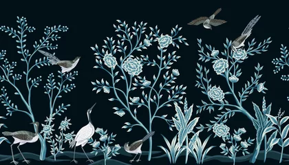 Photo sur Plexiglas Paysage botanique vintage Arbre de jardin de cru, oiseaux, fond noir de frontière sans couture florale de grue. Papier peint de chinoiseries exotiques.