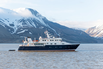 Super luxury yacht in Arctic sea near Longyearbyen, Svalbard archipelago