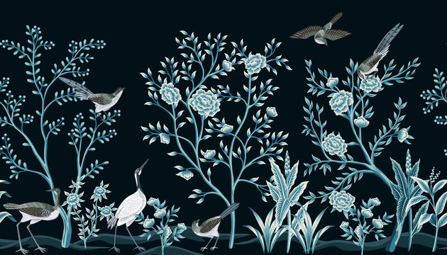 Chinoiserie Vintage Garten Kraniche Schwarz