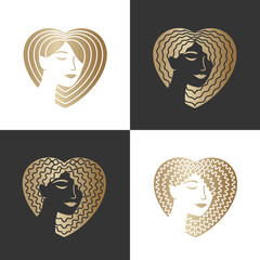 Creative logo for makeup, beauty, fashion and hairstyle related business. Beautiful woman's faces with loose straight, wavy, curly, kinky hair on a head into the shape of a heart. Vector illustration.