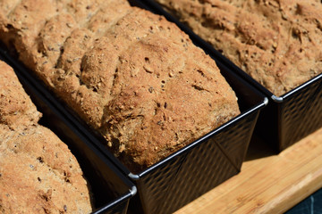 Freshly baked German traditional wholemeal bread, still in a crate, at home