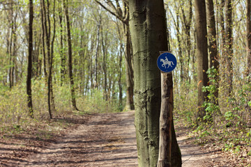 Sign marks equestrian trail in the forest on spring day