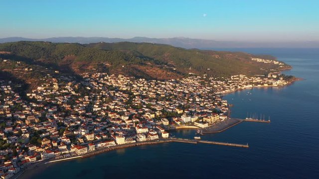 Greek island of Spetses in the Mediterranean Sea at sunrise.