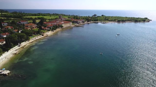 Dajla. Aerial view of coastal village of Dajla waterfront and convent, Istria region of Croatia