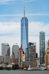 New York panorama. Night view of Manhattan. World Trade Center skyscraper. New York view daytime. Famous New York skyline. 