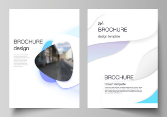 Vector layout of A4 format modern cover mockups design templates for brochure, magazine, flyer, booklet, annual report. Blue color gradient abstract dynamic shapes, colorful geometric template design.
