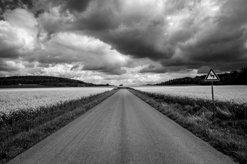 Amazing landscape in summer season, road sign indicating a bend