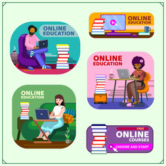 Stay at home. Online education, distance learning during coronavirus. Vector flat style Illustration.