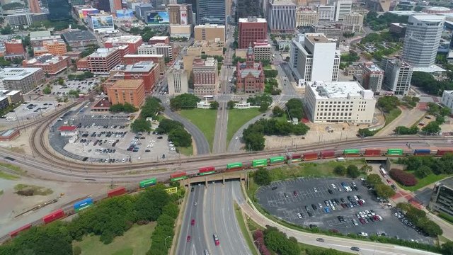 The Kennedy Dealey Plaza Memorial and Downtown Main Street Drone Video Dallas Texas USA