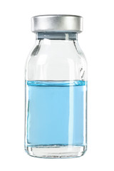 Glass vaccine drug vial filled with blue liquid. Isolated on white.