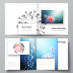 Vector layout of two cover templates for square bifold brochure, flyer, cover design, book design, brochure cover. 3d medical background of corona virus. Covid 19, coronavirus infection. Virus concept