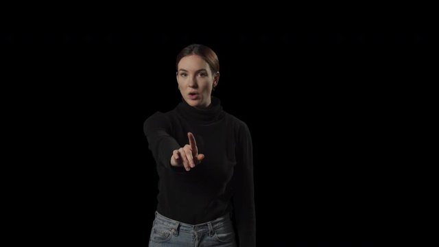 Young woman shaking index finger saying no. Transparent isolated alpha channel background.