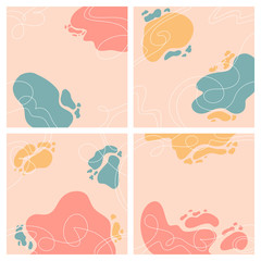 Set of four abstract backgrounds. Modern trendy vector illustration. Flat pictures. Every elements is isolated. Hand drawn backdrop with simple shapes and doodle objects. 