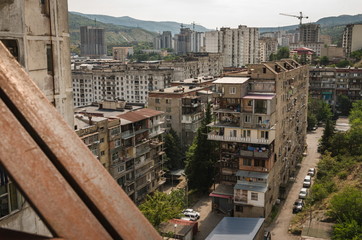 nel buildings in Tbilisi. Brutalist Architecture in Tbilisi. View from the bridge connecting the...